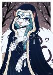 absurd_res anthro blue_eyes cloak clothed clothing dress eyewear felid female glasses hair hi_res highlights_(coloring) jewelry kinkypeach makeup mammal pantherine ring silver_hair snow snow_leopard solo titania_(chromatic_bard) trans_(lore) trans_woman_(lore) wearing_glasses 