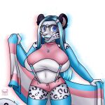  anthro big_breasts breasts clothed clothing eyewear felid female flag fully_clothed glasses hair highlights_(coloring) jewelry lgbt_pride mammal medicatedcannibal midriff pantherine pendant pride_colors silver_hair snow_leopard solo titania_(chromatic_bard) trans_(lore) trans_woman_(lore) transgender_pride_colors 