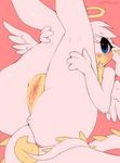  2017 anthro anus big_butt blue_eyes blush butt digital_drawing_(artwork) digital_media_(artwork) feathered_wings feathers female floppy_ears fur hair halo legs_up looking_at_viewer lying mammal napdust neopets nude on_back pink_nose presenting pussy simple_background smile solo white_fur wings zafara 