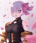  :d alternate_costume bare_shoulders black_dress blurry blush breasts buckle cherry_blossoms collar corset cosplay depth_of_field dress eyebrows_visible_through_hair eyelashes fate/grand_order fate_(series) glint gradient gradient_background hair_over_one_eye hair_ribbon highres looking_at_viewer mash_kyrielight medium_breasts open_mouth passion_lip passion_lip_(cosplay) petals pink_background pink_hair pink_ribbon purple_eyes ribbon short_hair signature smile solo upper_body usuke_(u_skeeep) 