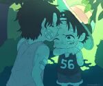  2boys aged_down bandaid bandaid_on_arm bandaid_on_face black_hair brothers child closed_eyes crying hat kameoka908 kiss kissing_forehead male_focus monkey_d._luffy multiple_boys one_eye_closed one_piece portgas_d._ace scar scar_on_face short_hair shorts siblings straw_hat tank_top 