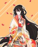  black_hair floral_print japanese_clothes kimono long_hair looking_at_viewer mao_(expuella) obi sash solo tales_of_(series) tales_of_berseria velvet_crowe yellow_eyes 