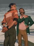  2boys arms_behind_back black_hair bomber_jacket brown_hair brown_pants closed_mouth collared_shirt commentary disco_elysium english_commentary facial_hair feet_out_of_frame glasses green_jacket hand_on_own_shoulder harry_du_bois highres jacket kim_kitsuragi looking_to_the_side male_focus mature_male multiple_boys necktie open_clothes open_jacket orange_jacket own_hands_clasped own_hands_together pants round_eyewear shirt shirt_tucked_in short_hair standing sunnnliwx white_shirt 