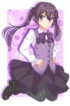  bangs black_footwear black_legwear black_skirt blush boots border bow bowtie breasts buttons closed_mouth collared_shirt eyebrows_visible_through_hair floral_background full_body fuyukichi_(nikoniko1567) gochuumon_wa_usagi_desu_ka? hair_between_eyes hands_on_hips highres jumping long_hair long_sleeves looking_at_viewer pantyhose purple_background purple_bow purple_eyes purple_hair purple_neckwear purple_vest rabbit_house_uniform shadow shirt sidelocks skirt small_breasts solo tedeza_rize twintails vest white_border white_shirt wing_collar 