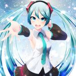  :d aqua_eyes aqua_hair detached_sleeves hatsune_miku headset long_hair looking_at_viewer necktie nekobaka open_mouth outstretched_arm skirt sleeveless smile solo twintails vocaloid 