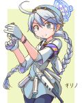  1girl ahoge baton_(weapon) black_pantyhose blue_archive blue_eyes blue_halo blush braid character_name cowboy_shot dress gloves grey_dress gun halo hat hazakurou holding holding_gun holding_weapon holster jacket kirino_(blue_archive) looking_at_viewer pantyhose police police_hat police_uniform policewoman purple_armband revolver shirt shoulder_holster smile smith_&amp;_wesson_360 smoke_grenade solo swept_bangs twin_braids two-tone_background watch weapon white_background white_gloves white_hair white_jacket white_shirt wristwatch yellow_background 