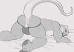  2016 all_fours anthro anus ass_up bed biceps butt clothed clothing grey_background grey_theme greyscale hewge jockstrap kneeling looking_at_viewer looking_back male mammal monochrome muscular muscular_male mustelid on_bed otter pecs perineum presenting presenting_hindquarters raised_tail simple_background solo topless underwear 