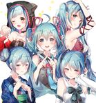  absurdres ahoge aqua_hair arm_up blue_hair blush commentary_request detached_sleeves double_bun hatsune_miku highres long_hair looking_at_viewer multiple_girls one_eye_closed open_mouth paw_pose rokku smile twintails vocaloid 