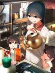  absurdres akagi_(kantai_collection) blue_eyes brown_hair child commentary_request cup dishes grabbing hair_between_eyes hakama highres houshou_(kantai_collection) indoors japanese_clothes kaga_(kantai_collection) kantai_collection long_hair multiple_girls open_mouth ponytail rice_cooker short_hair suginoji tea teacup tray younger 