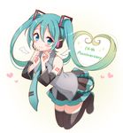  anniversary aqua_eyes aqua_hair blush boots commentary_request detached_sleeves hatsune_miku headset heart_hair kneeling light_smile long_hair looking_at_viewer necktie skirt snowmi solo thigh_boots thighhighs twintails very_long_hair vocaloid 
