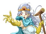  2ya blue_hair blush breasts cape circlet cleavage dragon_quest dragon_quest_iii elbow_gloves gloves large_breasts long_hair open_mouth red_eyes sage_(dq3) solo staff 