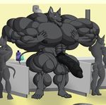  2017 abs anthro biceps big_muscles big_penis black_fur black_penis bottle butt canine fur hi_res huge_penis hyper hyper_muscles jackal long_penis male mammal muscular muscular_male nipples nude pecs penis proxol_(artist) pubes shower smile vein 