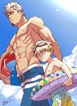  abs adonis_belt age_difference ball beachball blonde_hair blue_sky cloud day fang fang_out goggles goggles_on_head green_eyes innertube male_focus male_swimwear multiple_boys navel original outdoors sakakibara_mizuki size_difference sky sun swim_trunks swimwear white_hair yellow_eyes 