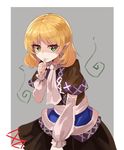  bangs biting blonde_hair cowboy_shot detached_sleeves eyebrows_visible_through_hair green_eyes long_sleeves looking_at_viewer mizuhashi_parsee nail_biting pointy_ears rin_falcon shaded_face short_hair short_sleeves solo touhou 