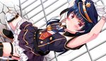  armpit_peek arms_up bangs blue_hair blush boots cross-laced_footwear cuffs dutch_angle garter_straps gloves handcuffs hat knee_boots kneeling lace-up_boots long_hair looking_at_viewer love_live! love_live!_sunshine!! necktie o3o peaked_cap police police_uniform purple_eyes side_bun skirt solo tassel tears textless thigh_strap tipii tsushima_yoshiko uniform white_gloves 