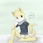  5_fingers ? anthro briefs bulge cat clothing cub english_text feline fur hazumazu male mammal neckerchief shirt simple_background sitting solo t-shirt text underwear white_fur yellow_fur young 