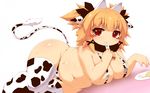  2015 animal_humanoid blonde_hair blush bovine clothed clothing cow_humanoid eating female food hair humanoid kikira1203 legwear looking_at_viewer lying mammal navel on_side plate red_eyes simple_background slightly_chubby solo stockings white_background 
