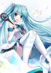  anniversary aqua_eyes aqua_hair boots character_name commentary_request dated detached_sleeves hatsune_miku highres long_hair microphone okakasushi open_mouth skirt solo thigh_boots thighhighs twintails very_long_hair vocaloid white_footwear white_legwear 