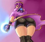  1girl ass bike_shorts blue_eyes curvy dark_skin energy_ball fingerless_gloves from_behind from_below gloves huge_ass looking_at_viewer looking_back looking_down menat purple_hair shiny shiny_clothes shiny_hair short_hair solo sowilo street_fighter street_fighter_v thick_thighs thighhighs unitard 