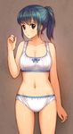  arm_at_side arm_up bangs blue_bow blue_eyes blue_hair bow bow_bra bra breasts commentary_request eyebrows_visible_through_hair highres large_breasts looking_at_viewer matching_underwear navel original panties ponytail poripori solo standing stomach underwear white_bra white_panties 