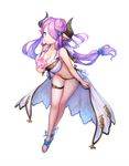  1girl bikini breasts cleavage collarbone cow_girl cow_horns doraf echoes_(cassandratree) female full_body granblue_fantasy hair_ornament hair_over_one_eye hairclip highres horns large_breasts leaning_forward long_hair narumeia_(granblue_fantasy) navel pink_eyes pink_hair pointy_ears purple_eyes purple_hair sandals simple_background skirt solo standing swimsuit toes white_background white_bikini white_swimsuit 