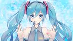  against_glass ahoge akiyoshi_(tama-pete) arm_tattoo bare_shoulders beamed_sixteenth_notes black_hairband blue_background blue_eyes blue_hair blue_neckwear commentary_request detached_sleeves eighth_note grey_shirt hair_between_eyes hair_ornament hairband hands_up hatsune_miku headset light_smile long_hair long_sleeves musical_note necktie number_tattoo palms parted_lips shirt sleeveless sleeveless_shirt solo tareme tattoo twintails upper_body very_long_hair vocaloid 