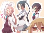  ^_^ ^o^ ahoge amagiri_(kantai_collection) aqua_neckwear black_hair blue-framed_eyewear blue_ribbon blue_sailor_collar blue_skirt bow bowtie brown_eyes brown_hair closed_eyes commentary_request double_bun dress glasses green_eyes highres kantai_collection long_hair long_sleeves low_twintails makigumo_(kantai_collection) mochizuki_(kantai_collection) multiple_girls okinami_(kantai_collection) open_mouth pantyhose pink_hair pleated_skirt ponytail purple_dress red-framed_eyewear ribbon sailor_collar school_uniform serafuku shirt short_hair short_sleeves skirt sleeves_past_fingers sleeves_past_wrists smile trait_connection twinameless twintails white_shirt 
