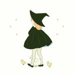  1girl ayu_(mog) bird black black_dress blonde_hair dress duck duckling from_behind full_body hat long_hair long_sleeves original short_dress simple_background solo standing star starry_background white_background witch witch_hat 