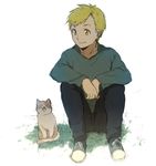  alphonse_elric animal between_legs blonde_hair cat eyebrows_visible_through_hair fullmetal_alchemist grass hand_between_legs happy long_sleeves looking_away male_focus riru shoes short_hair simple_background smile solo_focus white_background yellow_eyes 