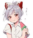  alternate_hair_length alternate_hairstyle bangs blush bow closed_mouth commentary dot_nose dress_shirt eating eyebrows_visible_through_hair food fruit fujiwara_no_mokou hair_bow holding holding_food nail_polish popsicle red_eyes red_hair red_nails shirt short_hair short_sleeves silver_hair simple_background smile solo touhou translated upper_body vanilla_(miotanntann) watermelon watermelon_bar white_background white_shirt 