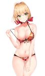  ahoge bangs belly bikini bikini_pull blonde_hair blush bow breasts cleavage closed_mouth collarbone cowboy_shot eyebrows_visible_through_hair fate/extra fate/grand_order fate_(series) front-tie_bikini front-tie_top green_eyes groin hair_between_eyes hair_bow hand_on_own_thigh head_tilt large_breasts legs_together looking_at_viewer multicolored multicolored_bikini multicolored_clothes navel nero_claudius_(fate) nero_claudius_(fate)_(all) print_bikini pulled_by_self red_bikini red_bow rinaka_moruchi sideboob simple_background skindentation solo standing strap_pull swimsuit thighs white_background yellow_bikini 