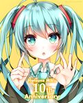  ahoge anniversary aqua_eyes aqua_hair bangs character_name commentary_request detached_sleeves green_eyes hatsune_miku headset highres long_hair looking_at_viewer necktie open_mouth solo twintails twitter_username vocaloid wakatsuki_you yellow_background 