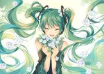  ^_^ closed_eyes detached_sleeves feng_you flower green_hair hatsune_miku headphones long_hair open_mouth smile solo twintails upper_body very_long_hair vocaloid 