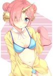  :o arm_at_side bikini bikini_under_clothes blue_bikini blue_eyes blush breasts cleavage collarbone commentary_request double_bun eyebrows_visible_through_hair fate/apocrypha fate/grand_order fate_(series) frankenstein's_monster_(fate) frankenstein's_monster_(swimsuit_saber)_(fate) hair_ornament hairclip hand_up heterochromia horn jacket karutamo long_sleeves looking_at_viewer medium_breasts navel open_clothes open_jacket parted_lips pink_hair shiny shiny_hair short_hair sitting sleeves_past_wrists solo stomach striped striped_background swimsuit tareme thigh_gap yellow_eyes yellow_jacket 