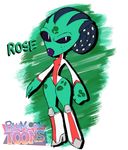  2017 alien big_lips blu3danny blue_sclera blumoontoons clothing fan_character footwear freckles go!_go!_hypergrind green_skin high_heels jumpsuit lips rose_well_(ggh) shoes shortstack wide_hips 