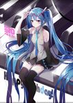  absurdly_long_hair ahoge akira_(ying) bangs black_legwear blue_eyes blue_hair dated detached_sleeves eyewear_on_head happy_birthday hatsune_miku highres long_hair mouth_hold nail_polish necktie number_tattoo piano_keys sitting skirt solo tattoo thighhighs twintails very_long_hair vocaloid 