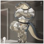 2015 3_toes aaron_(artist) abs against_wall anthro barefoot barely_visible_genitalia biceps big_muscles blue_scales blue_stripes blue_tail border bouncer bulge carcharodontosaurus claws clothed clothing crossed_arms detailed_background digital_media_(artwork) digitigrade dinosaur erection erection_under_clothes fangs grey_bottomwear grey_claws grey_clothing grey_horn grey_scales grey_shirt grey_tail grey_topwear grey_underwear half-closed_eyes hi_res horn jockstrap long_tail male multicolored_scales multicolored_tail muscular muscular_male orange_eyes partially_retracted_foreskin pecs penis penis_base pepsi_(fa) pink_penis pose quads reptile scales scalie security sharp_claws sharp_teeth shirt signature solo spiked_tail spikes standing striped_scales striped_tail stripes subtle_penis t-shirt tan_scales tan_tail teeth tenting thick_tail toe_claws toes torn_clothing uncut underwear white_border zayne_royer 
