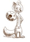  2017 anthro armor belt bluedouble brown_and_white canine clothed clothing cosplay disney female fox gun half-closed_eyes hand_on_hip helmet holding_object holding_weapon looking_at_viewer male mammal monochrome nick_wilde ranged_weapon simple_background smile solo space_patrol_luluco spacesuit standing weapon white_background zootopia 