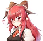  bangs closed_mouth demon_horns eyebrows_visible_through_hair hair_between_eyes heart highres horns koakuma long_hair looking_at_viewer necktie pointy_ears puffy_sleeves red_eyes red_hair red_neckwear ryuuno_stadtfeld simple_background smile solo touhou upper_body vest white_background wing_collar 