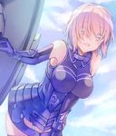  :d armor armored_dress bangs breasts cowboy_shot elbow_gloves eyebrows_visible_through_hair fate/grand_order fate_(series) gloves hair_over_one_eye holding_shield impossible_clothes large_breasts lavender_hair leaning_forward looking_at_viewer mash_kyrielight open_mouth pink_hair purple_eyes purple_gloves purple_legwear saijou_haruki shield short_hair smile solo tareme thighhighs thighs 