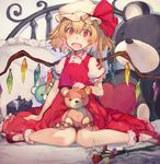  1girl bangs blonde_hair blurry bobby_socks depth_of_field fang flandre_scarlet full_body hat hat_ribbon heart heart_pillow kikkaiki looking_at_viewer mob_cap on_bed open_mouth pillow puffy_short_sleeves puffy_sleeves red_eyes red_ribbon red_shoes red_skirt ribbon shoes short_hair short_sleeves sitting skirt skirt_set smile socks solo stuffed_animal stuffed_toy teddy_bear touhou vase vest white_flower white_legwear wings 