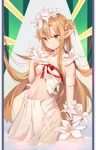  absurdres armband asuna_(sao) bare_shoulders braid breasts brown_eyes brown_hair choker closed_mouth daffodil flower hair_flower hair_ornament half_updo hand_on_own_chest highres long_hair midriff navel one_side_up pointy_ears qingxingdeng_(qaq) ribbon sidelocks small_breasts smile solo sword_art_online titania_(sao) very_long_hair wading 