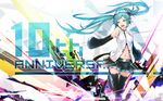  :d anniversary aqua_eyes aqua_hair aqua_nails armpit_peek bangs bare_shoulders belt black_footwear black_skirt boots breasts commentary detached_sleeves english facial_mark hatsune_miku highres large_breasts long_hair looking_away looking_to_the_side midriff nail_polish navel open_mouth pleated_skirt shirt skirt sleeveless sleeveless_shirt smile solo standing standing_on_one_leg sugi_214 thigh_boots thighhighs twintails vocaloid zettai_ryouiki 