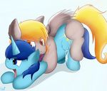  2017 absurd_res clothing cloufy cuddling cum cutie_mark digital_drawing_(artwork) digital_media_(artwork) duo equine fan_character feathered_wings feathers female friendship_is_magic hair hi_res horn horse male male/female mammal multicolored_hair my_little_pony open_mouth pony simple_background smile tongue unicorn wings 