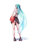  adidas ankle_socks aqua_hair ass bag commentary_request finger_to_mouth from_behind full_body handbag hatsune_miku highres kneepits long_hair nail_polish panties pantyshot pantyshot_(standing) shoes simple_background skirt sneakers solo standing striped striped_panties twintails underwear very_long_hair vocaloid wardrobe_malfunction white_background wokada 
