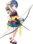  archery arrow artist_request blue_hair blue_skirt bow_(weapon) brown_eyes flower full_body gloves hair_flower hair_ornament holding holding_arrow holding_bow_(weapon) holding_weapon kitsuki_(oshiro_project) kyuudou muneate official_art oshiro_project oshiro_project_re partly_fingerless_gloves quiver short_hair skirt smile transparent_background weapon yugake 