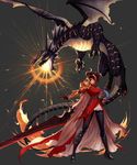  absurdres armor artist_request black_hair blue_eyes boots breathing_fire cape coat dragon dragon_knight_(dungeon_and_fighter) dungeon_and_fighter fire gauntlets highres horns huge_weapon knight_(dungeon_and_fighter) multicolored_hair official_art pantyhose pink_hair pointy_ears red_cape red_coat shoulder_armor sword weapon 