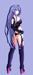  1girl ass bare_shoulders blue_hair breasts choujigen_game_neptune cleavage earrings elbow_gloves female gloves hair_between_eyes highres iris_heart jewelry large_breasts looking_at_viewer looking_back neptune_(series) pururut red_eyes simple_background smile solo standing symbol-shaped_pupils very_long_hair 