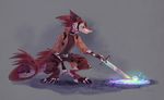  anthro armor blue_eyes cassius_(oldmancassius) collar fluffy fur head_tuft male melee_weapon multicolored_fur neon pastel red_fur sergal solo stasya_sher sword two_tone_fur weapon white_fur 