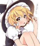  :o alternate_hair_length alternate_hairstyle bare_arms bare_legs blonde_hair blush commentary dot_nose hair_ribbon hand_on_headwear hat hat_ribbon kirisame_marisa leg_hug light_brown_eyes looking_at_viewer parted_lips puffy_short_sleeves puffy_sleeves ribbon shirt short_hair short_sleeves simple_background sitting solo touhou translated tress_ribbon upper_body vanilla_(miotanntann) white_background white_ribbon white_shirt witch_hat 